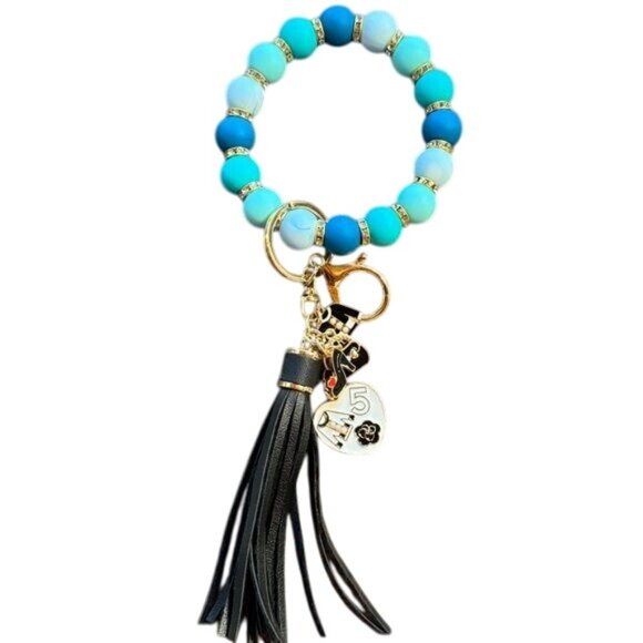 Beaded Keychain Bracelet With Tassel & Charms - Blue White & Gold Accents - Styl - Picture 1 of 1